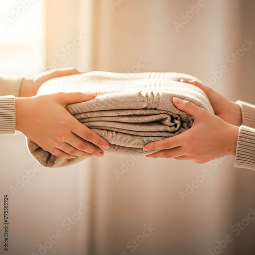 Two hands exchanging a neatly folded blanket in soft daylight  