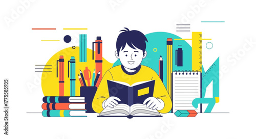 Young Person Reading a Book Surrounded by School Supplies in Colorful Illustration Style