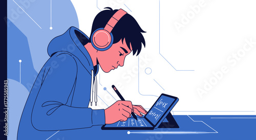 Young Person Studying Mathematics Using Tablet and Headphones in Vibrant Digital Illustration