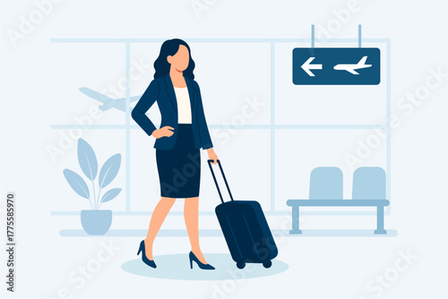Businesswoman Walking with Suitcase at Airport for International Work Trip