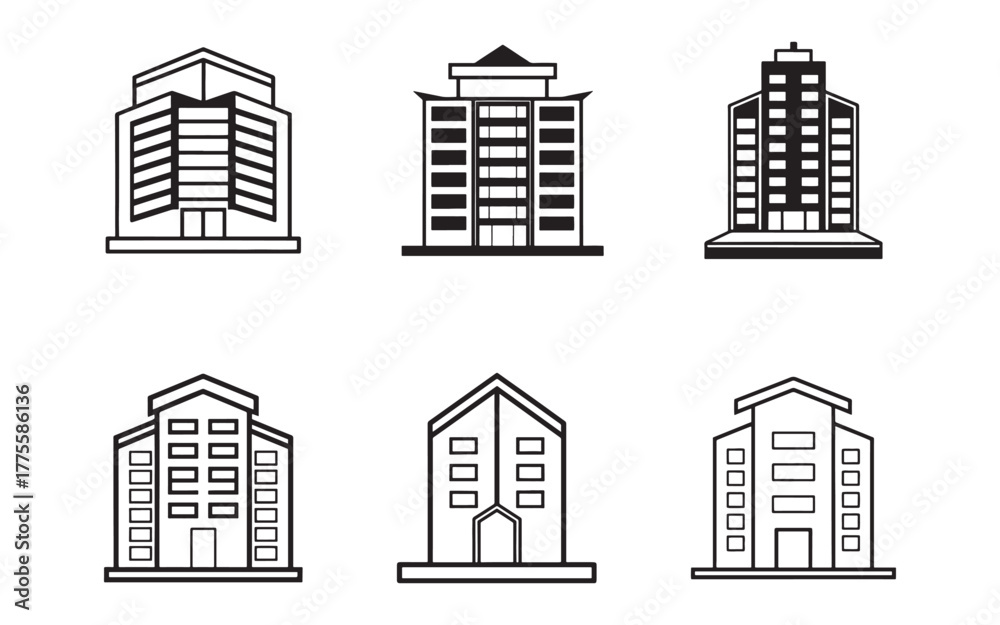 Obraz premium Black and White Building Icons a Collection of Modern Architectural Structures Depicted as Line Art for Urban Design Projects