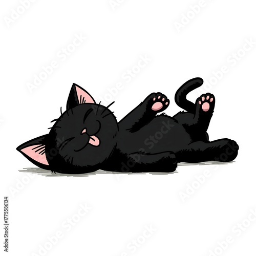  Cute Black Kitten Lying on its Back with Tongue Out and Paws Up Cartoon Illustration