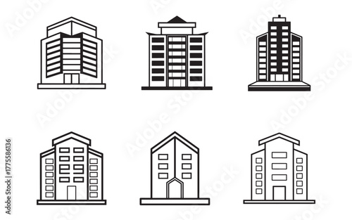 Black and White Building Icons a Collection of Modern Architectural Structures Depicted as Line Art for Urban Design Projects