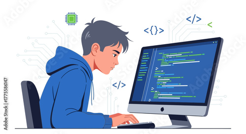 Young Programmer Concentrating Hard While Working On Complex Computer Code and Software Project