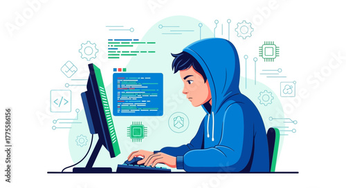 Young Programmer Concentrating on Code with Computer Display and Programming Elements
