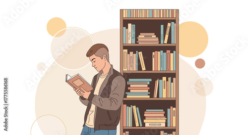 Young Reader Immersed In His Book Enjoying The Calmness Surrounded By Knowledge