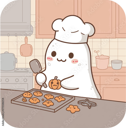An adorable spectral baker in a chef's hat lovingly prepares festive Halloween treats, decorating pumpkin cookies in a warm, inviting kitchen