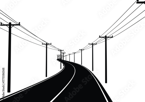 Curved road illustration, utility poles with power lines, black and white vector art, minimal landscape drawing, transportation design, rural infrastructure perspective