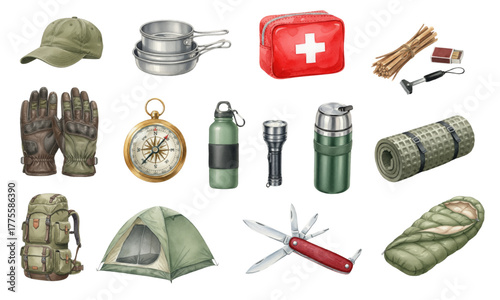 Watercolor Camping and Survival Gear Equipment Collection Set