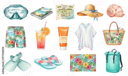 Watercolor Tropical Vacation and Beach Holiday Essentials Collection