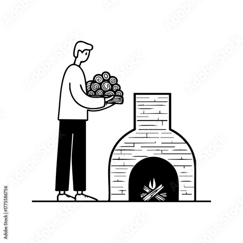 Person adding firewood to a brick fireplace, symbolizing warmth, coziness, and winter preparation in a home setting.