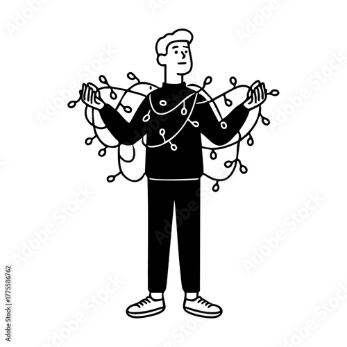 Person tangled in holiday string lights, capturing the humorous side of Christmas decorating and festive chaos.