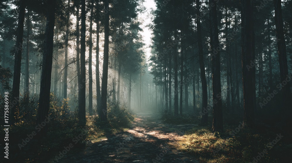 Fototapeta premium Forest path sunlight trees nature woodland