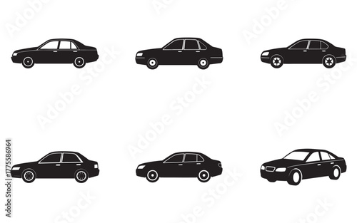 Black Car Silhouette Set Vector Illustration for Transportation Design and Automotive Industry Isolated on White Background