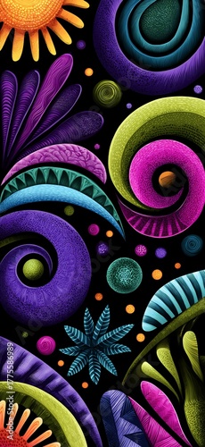 Vertical Seamless Pattern of Vibrant Abstract Swirls, Flowers, and Folk Art Elements on a Black Background