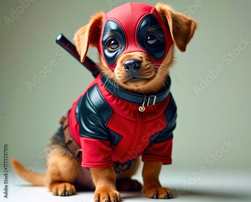A small dog wearing a Deadpool costume