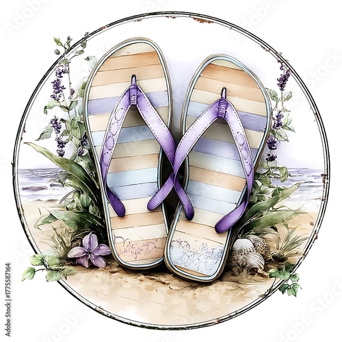 Watercolor Illustration of Striped Flip-Flops on a Sandy Beach Surrounded by Coastal Plants in a Circular Frame