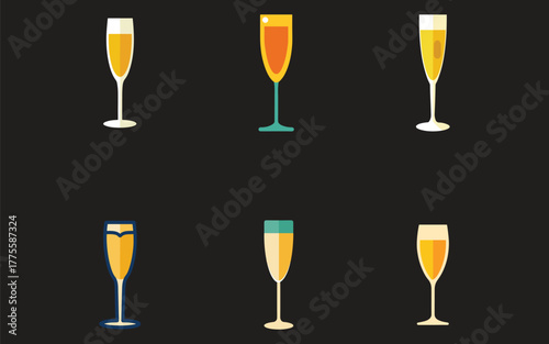 Celebratory Champagne Flutes in Flat Design Celebrating Special Moments and Festive Occasions Set Against Dark Backdrop