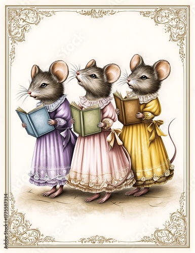 Vintage Watercolor Illustration of Three Mice Dressed in Victorian Clothes Singing Christmas Carols