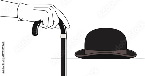 A white-gloved hand elegantly holds a cane, and a bowler hat lies nearby. An illustration of a gentleman's classic accessories. A symbol of style, etiquette, and theater.