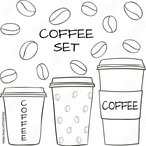 Set coffee, beans, paper cups. Doodle sketch style. Сoffee to go. Vector