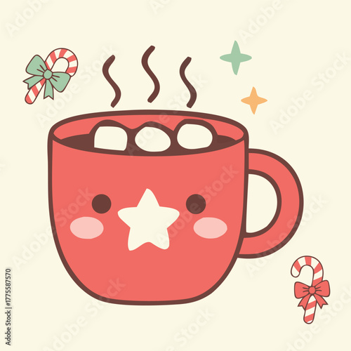 MobileCute red mug of hot chocolate with marshmallows and a smiling face decorated with a white star, steam rising above and surrounded by candy canes tied with bows and pastel star shapes, kawaii Chr