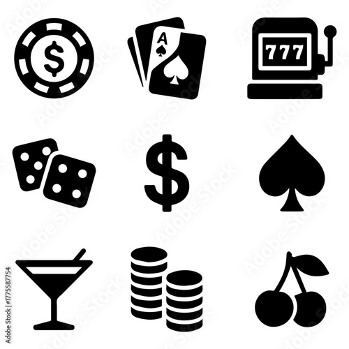 Gambling icons set, casino and card, poker game.