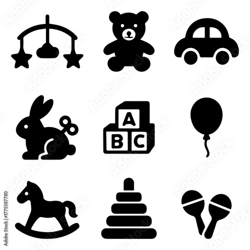 Baby toys solid icon set. adorable, childhood, playtime, toy graphics collection