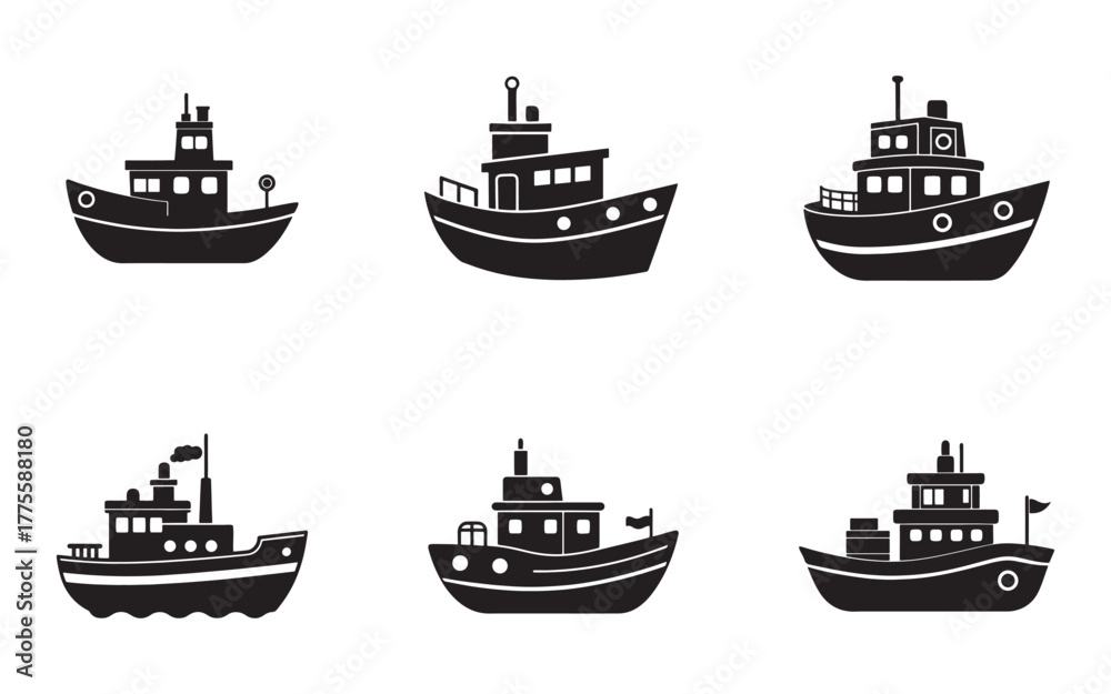 Obraz premium Collection of Black and White Boat Icons Representing Nautical Transportation and Maritime Vessels with Various Cabin Designs