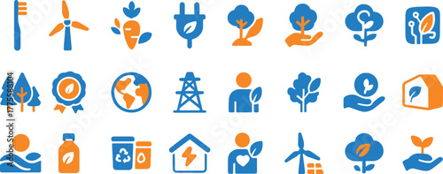 Blue and orange eco-friendly icon set featuring sustainability and green technology vectors