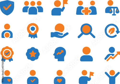 Corporate Values Icons Set: Trust, Teamwork, Growth, Partnership, Equality, Care and Innovation Concept Blue and Orange Colors Flat Style