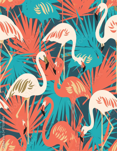 Tropical Flamingo Jungle A Vibrant Pattern of Wildlife and Exotic Flora