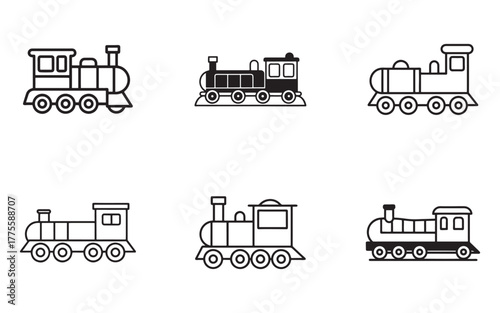 Collection of black and white outline train clip art for creative design and educational resources featuring various locomotive styles