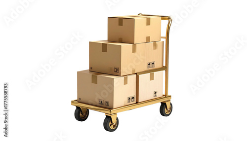 Stacked cardboard boxes secured to a gold-toned, rolling cart against a black background