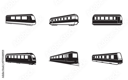 Collection of Black and White Train Car Silhouettes for Public Transportation and Travel Concepts Diverse Train Styles