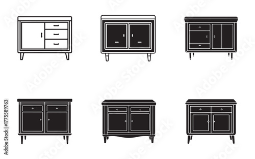 Collection of Cabinet Designs in Black and White Minimalist Furniture Icons for Interior Decorating and Home Improvement Projects