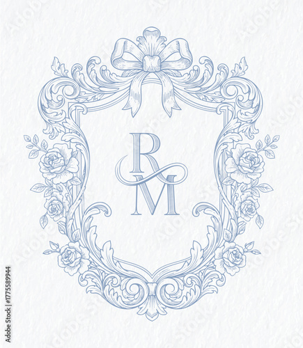 Baroque wedding crest with ribbon and floral ornament. Vintage monogram frame, floral emblem for wedding invitation and branding design. 