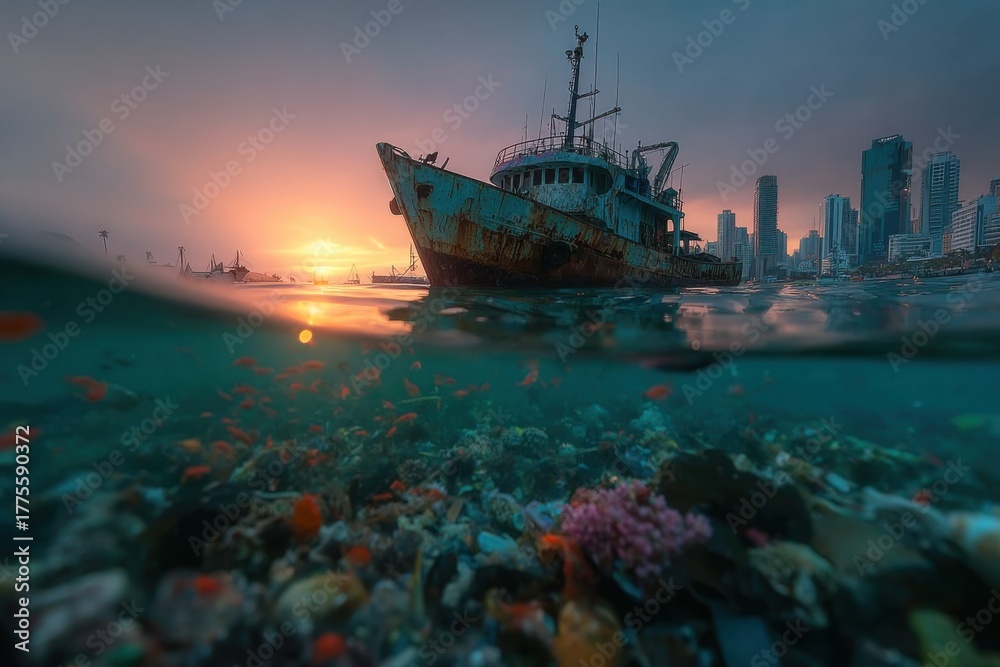 Obraz premium Vessel’s Silent Legacy: An aged vessel stands as a weathered testament to time, gracefully poised against a backdrop of a vibrant sunset, with a subtle metropolitan skyline at a distance.