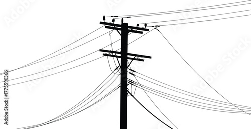 Utility pole silhouette, power lines with insulators vector art, black and white minimal illustration, electricity infrastructure design, rural urban energy distribution drawing