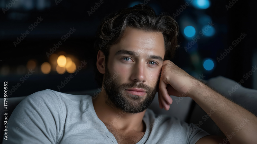 Fototapeta premium Young man relaxing indoors, deep in thought, evening light
