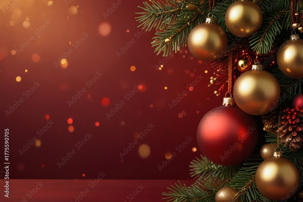 Fototapeta premium Festive christmas background with golden and red ornaments hanging on a christmas tree branch with bokeh lights