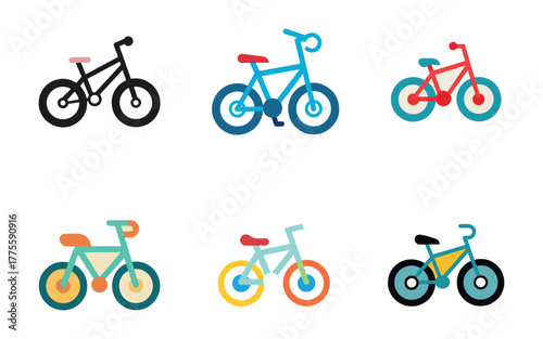 Collection of colorful bicycle icons for childrens illustrations and graphic designs featuring different styles and bright cheerful colors