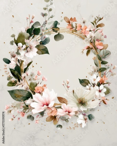 Elegant floral wreath wedding invitation card template with delicate blossoms and greenery, timeless and romantic.