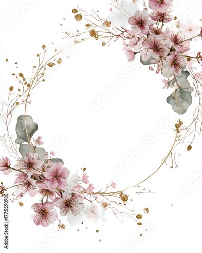 Elegant floral wreath wedding invitation card template with delicate blossoms and greenery, timeless and romantic.