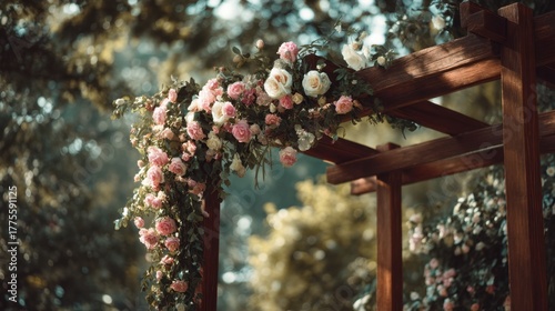 Romantic outdoor wedding arch with roses in a scenic green park, elegant festive and cinematic with fine natural detail.