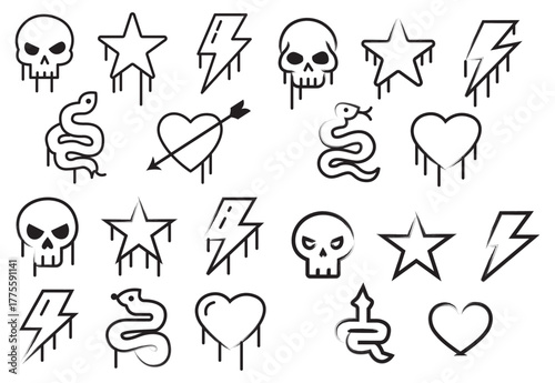 Collection of black and white gothic style tattoo and sticker designs