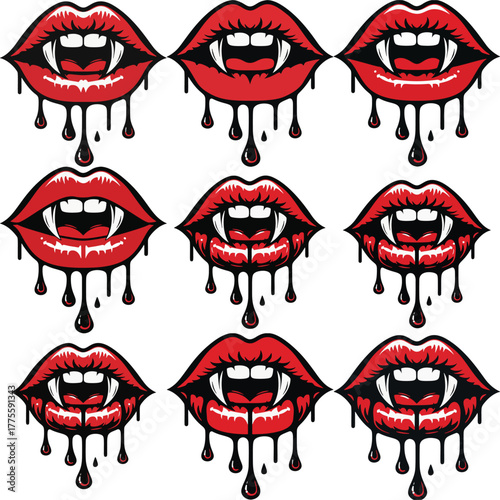 Dripping Vampire Lips Vector Set with Fangs and Blood
