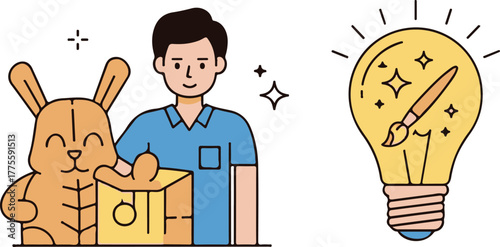 Creative man with rabbit and lightbulb idea.