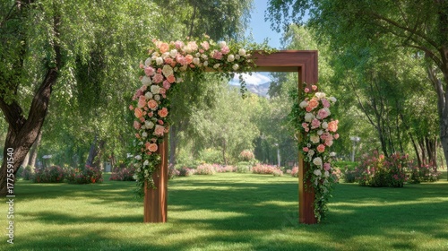 Romantic outdoor wedding arch with roses in a scenic green park, elegant festive and cinematic with fine natural detail.