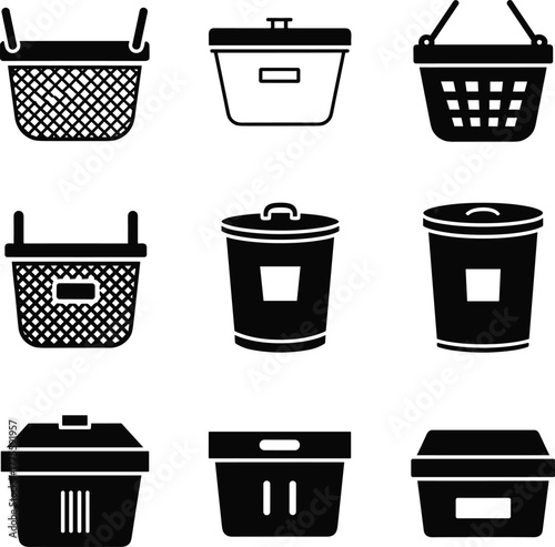 Set of black icons for baskets and trash cans container